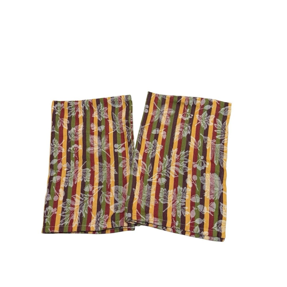 Urban Villa Set Of 2 Fall Kitchen Towels Cotton Leaf Stripe Autumn Print